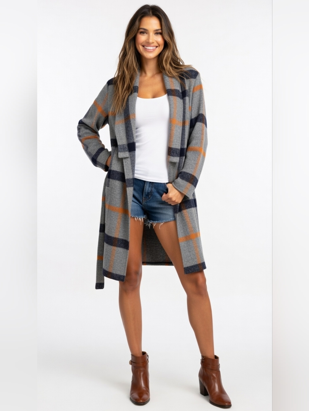 Favlux Plaid Open-Front Long Cardigan Sweater. Gray & Navy w Orange Accents.(Sm)